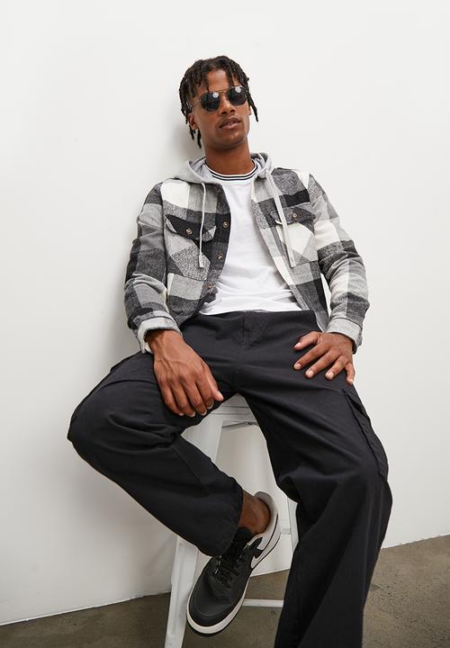 STYLE REPUBLIC - Check flannel shacket with hood - black & white