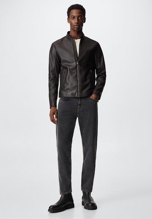 MANGO - Cuir2 leather biker jacket  - brown