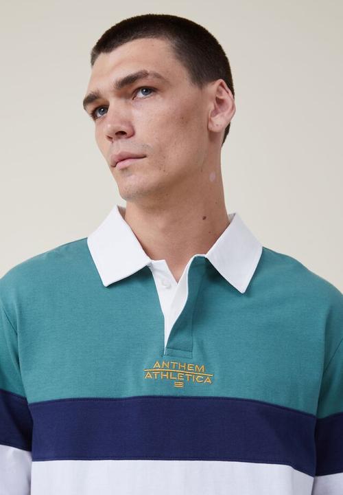 Cotton On - Rugby long sleeve polo - tennis green tri stripe