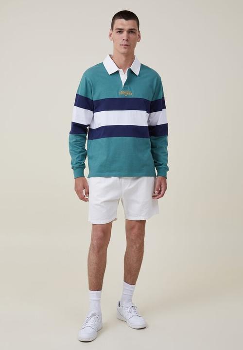 Cotton On - Rugby long sleeve polo - tennis green tri stripe