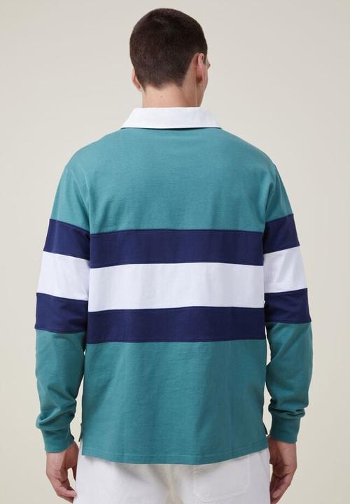 Cotton On - Rugby long sleeve polo - tennis green tri stripe