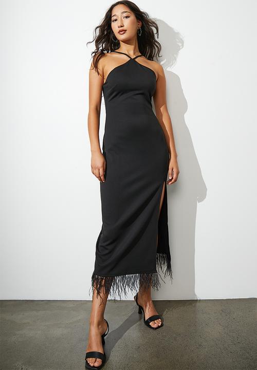 feather trim bodycon dress PrettyLittleThing Women's Premium Feather Trim Hip Detail Bandeau Bodycon Dress in Black