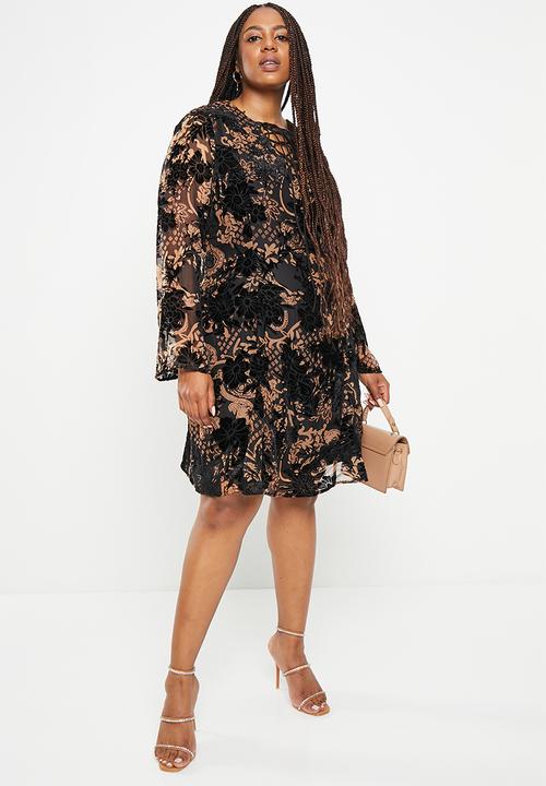 Glamorous - Plus tie front bell sleeve dress - black & brown