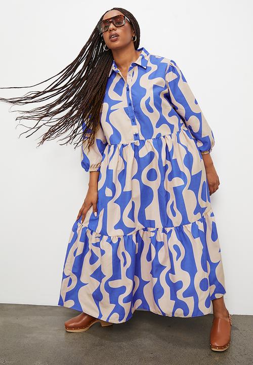 Superbalist - Tiered shirt dress - blue abstract