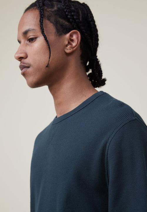 Cotton On - Textured long sleeve tshirt - deep teal waffle 