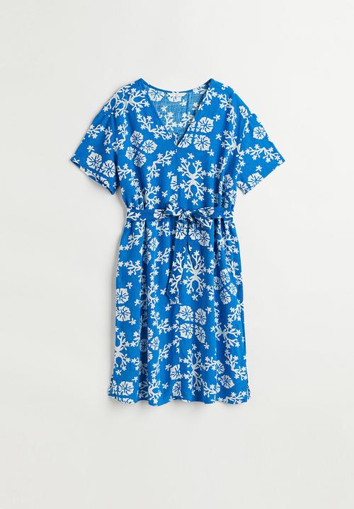 H&M - V-neck linen-blend dress - blue/multi