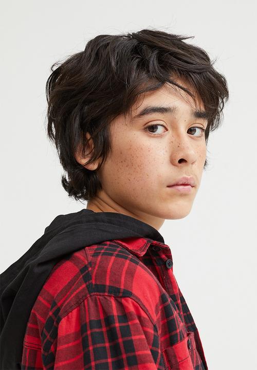 H&M - Oversized hooded flannel shirt - red/checked
