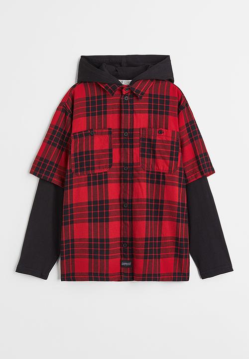 H&M - Oversized hooded flannel shirt - red/checked