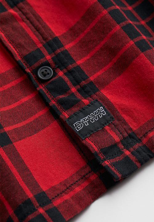 H&M - Oversized hooded flannel shirt - red/checked