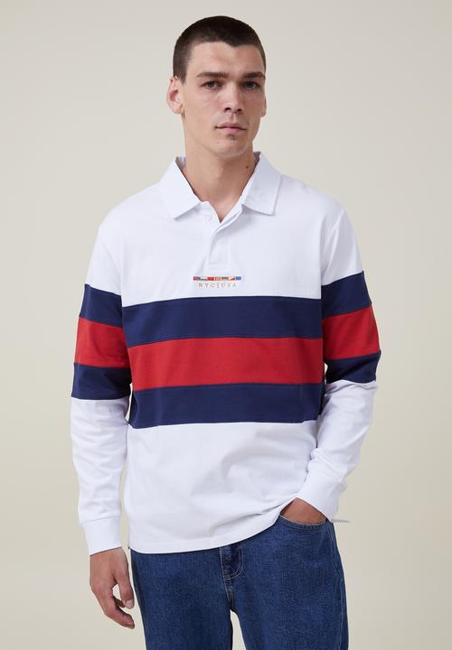 Cotton On - Rugby long sleeve polo - white red tri stripe