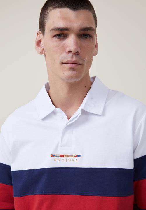 Cotton On - Rugby long sleeve polo - white red tri stripe