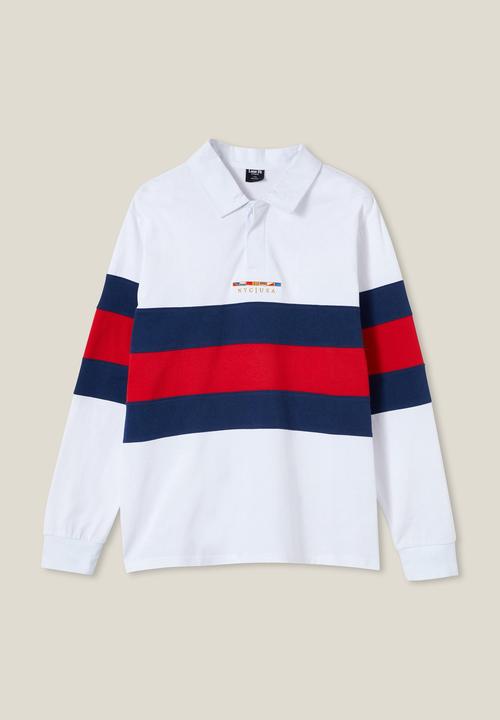 Cotton On - Rugby long sleeve polo - white red tri stripe