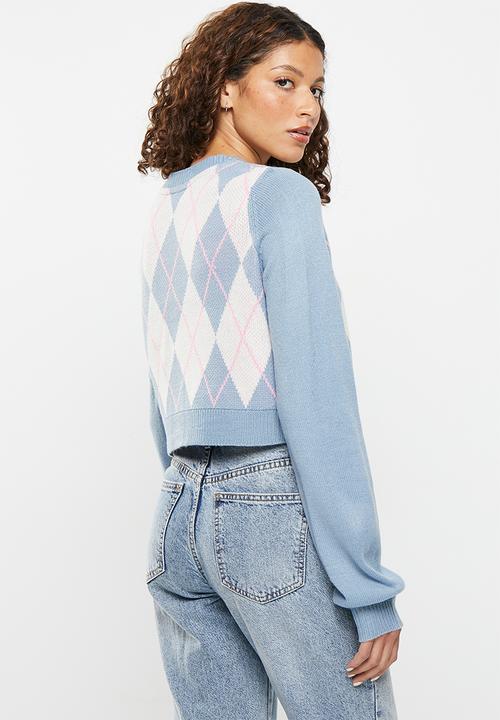 Noisy May - Argyle long sleeve v-neck knit cardigan - ashley blue