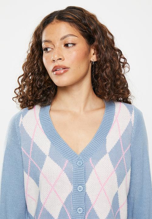 Noisy May - Argyle long sleeve v-neck knit cardigan - ashley blue