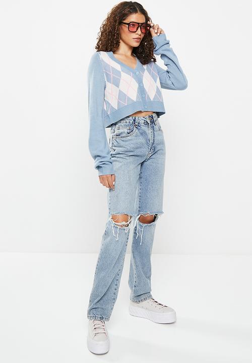 Noisy May - Argyle long sleeve v-neck knit cardigan - ashley blue