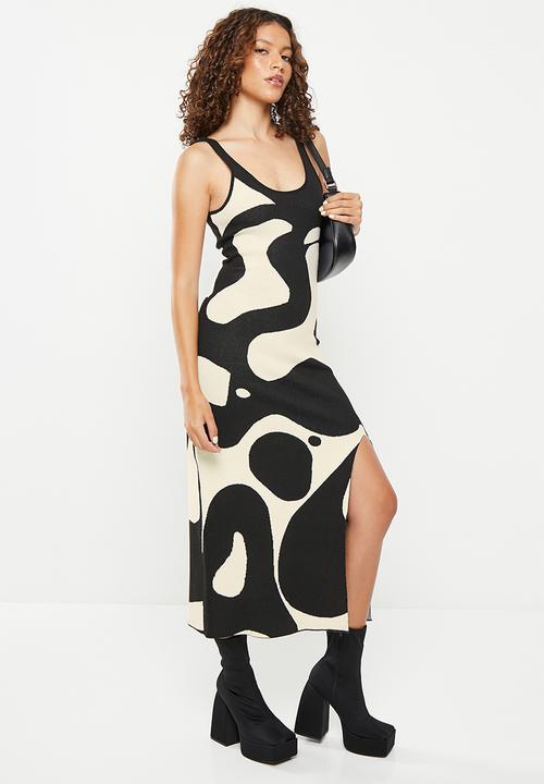Daisy Street - Knitted split midi dress - cream & black