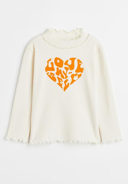 H&M - Long-sleeved ribbed top - natural white/heart