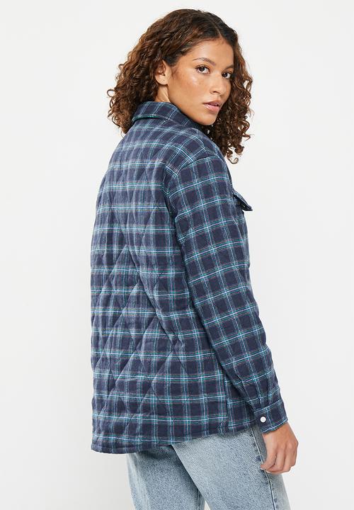 Daisy Street - Check padded quilted shacket - dark navy