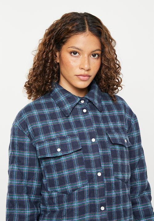 Daisy Street - Check padded quilted shacket - dark navy