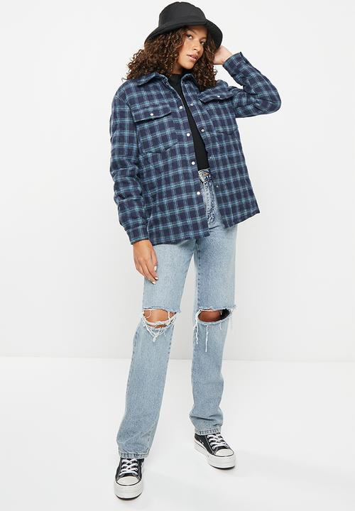Daisy Street - Check padded quilted shacket - dark navy