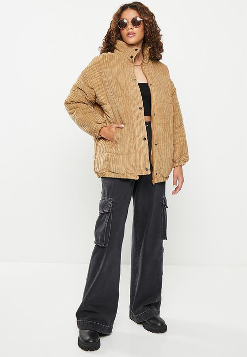 Daisy Street - Corduroy high neck puffer coat - brown