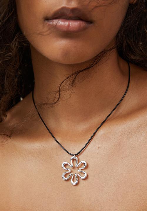 Rubi - Cord pendant necklace - sterling silver plated black cord flower