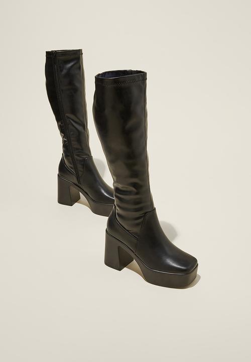 Cotton On - Hanna platform calf boot - black smooth vegan leather