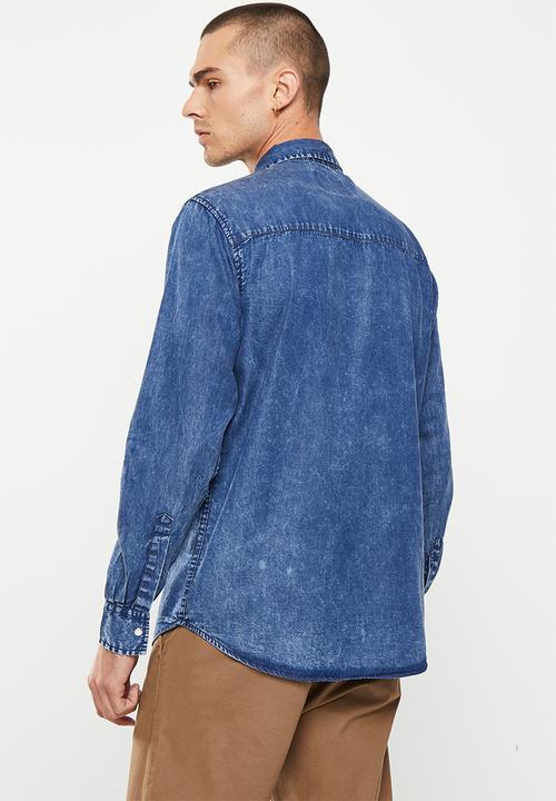 Vertigo - Mens vertigo stretch denim shirt long sleeve  - rinse denim wash