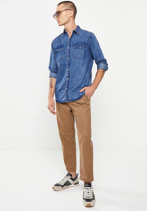 Vertigo - Mens vertigo stretch denim shirt long sleeve  - rinse denim wash