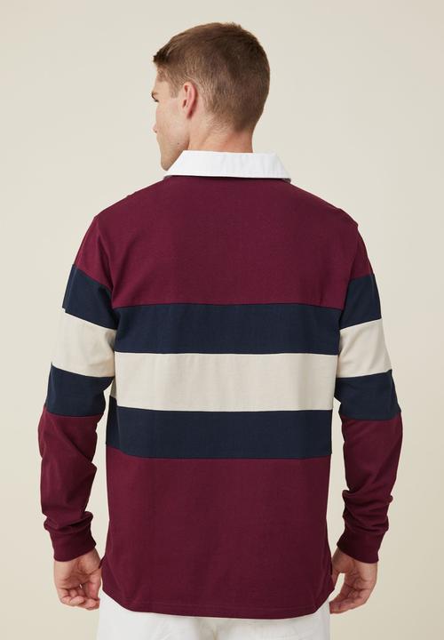 Cotton On - Rugby long sleeve polo - burgundy tri stripe