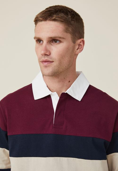 Cotton On - Rugby long sleeve polo - burgundy tri stripe