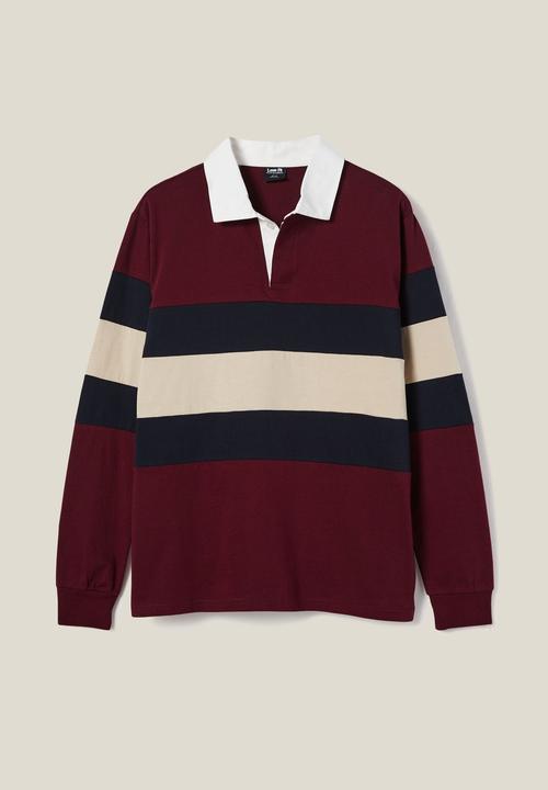 Cotton On - Rugby long sleeve polo - burgundy tri stripe