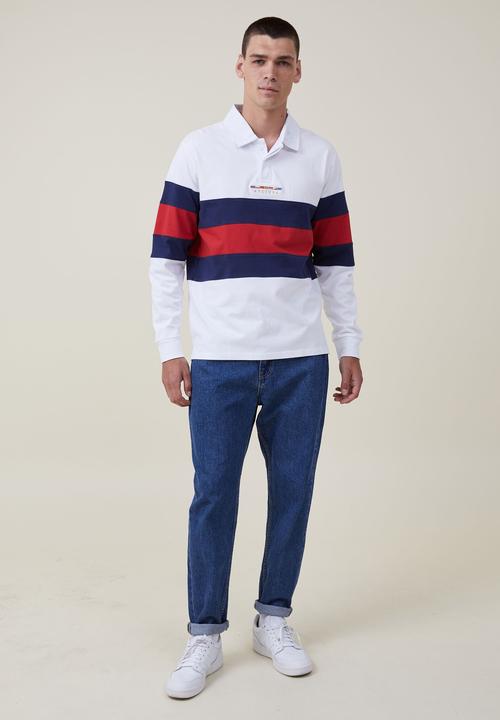 Cotton On - Rugby long sleeve polo - white red tri stripe