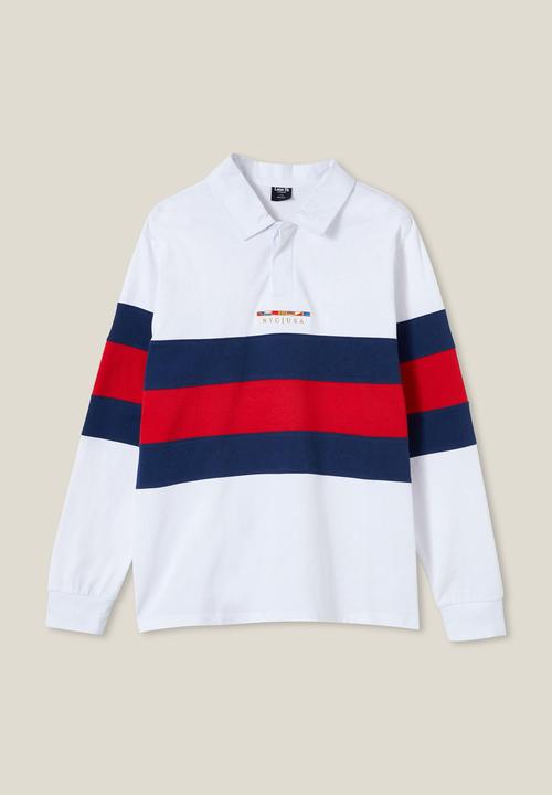 Cotton On - Rugby long sleeve polo - white red tri stripe