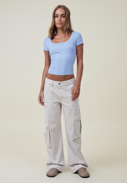 Cotton On - Staple rib scoop neck short sleeve top - blue chalk