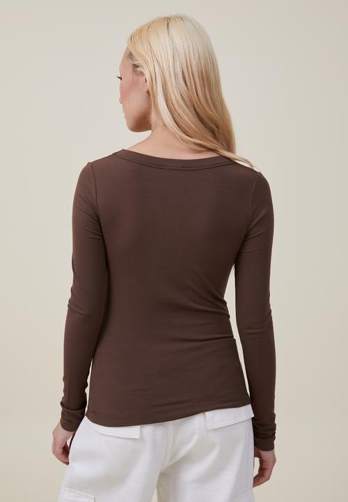 Cotton On - Staple rib scoop neck long sleeve top - rich brown