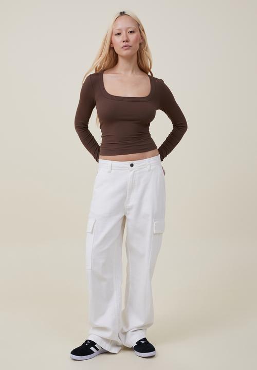Cotton On - Staple rib scoop neck long sleeve top - rich brown