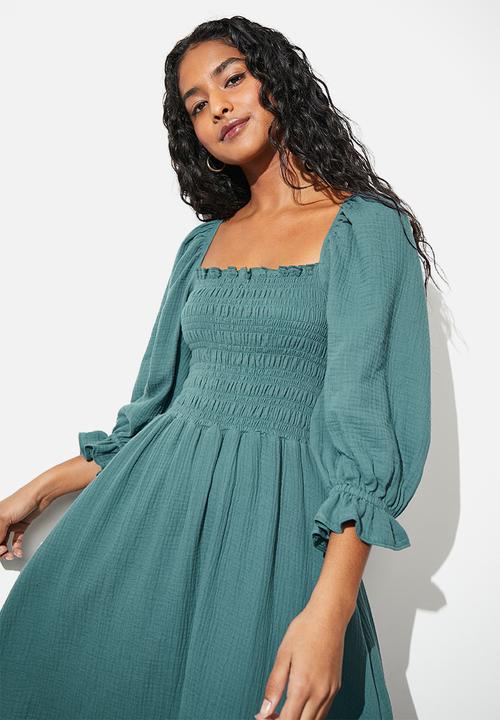 Superbalist - Balloon sleeve dress with smocking detail - teal