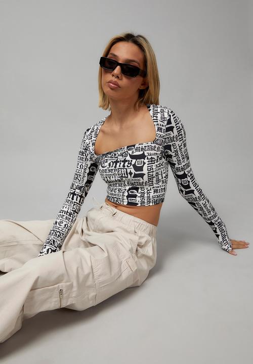 Factorie - Long sleeve straight neck top - black & white 