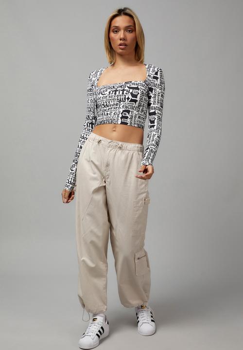 Factorie - Long sleeve straight neck top - black & white 