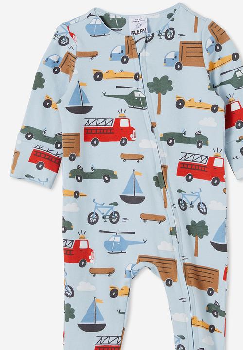 Cotton On - The long sleeve zip romper - frosty blue/vehicles convoy