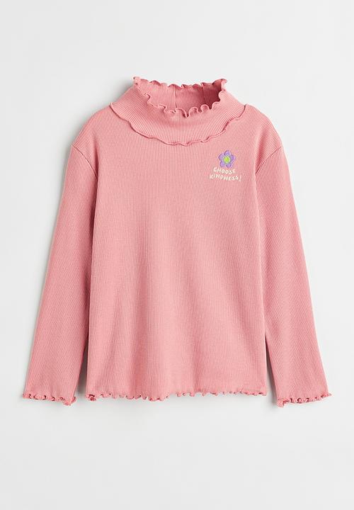 H&M - Long-sleeved ribbed top - light pink/flower