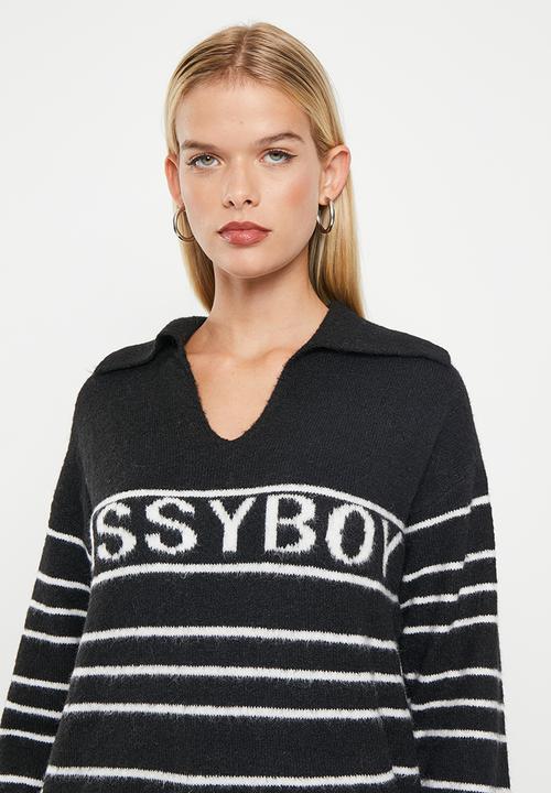 SISSY BOY - Ajay: slouchy, open collar knitted sweater - black & white