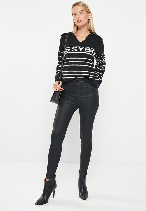 SISSY BOY - Ajay: slouchy, open collar knitted sweater - black & white
