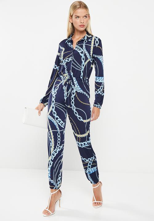 SISSY BOY - What serves you: long sleeve jumpsuit with waist tie detail - navy