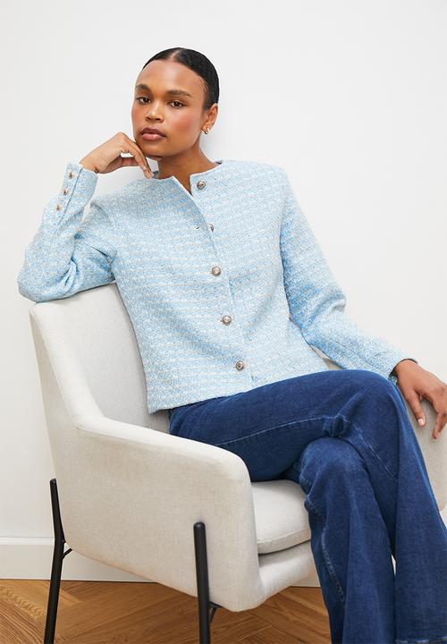 edit - Collarless tweed blazer - blues