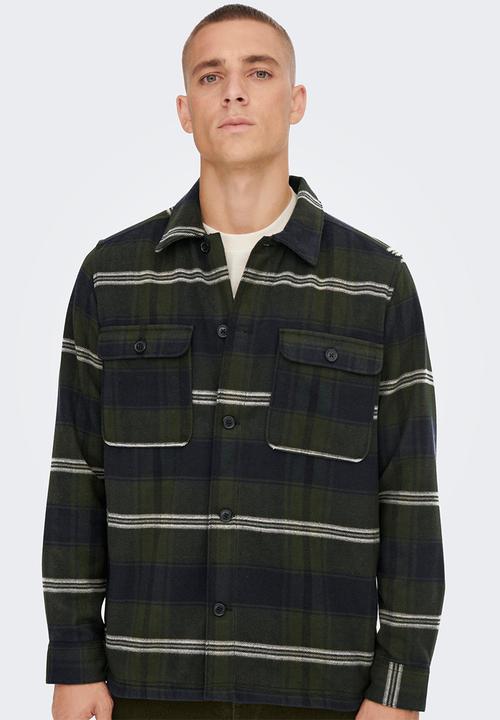 Only & Sons - Onsash ovr check long sleeve shirt - dark olive