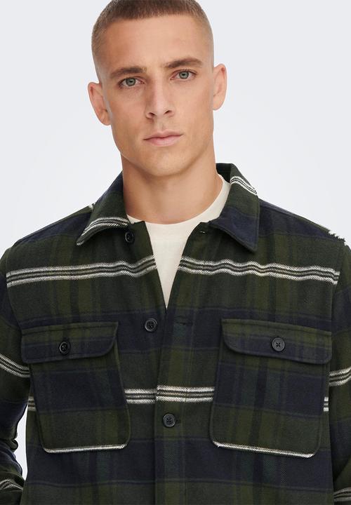 Only & Sons - Onsash ovr check long sleeve shirt - dark olive