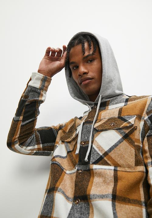 STYLE REPUBLIC - Check flannel shacket with hood - brown & ecru