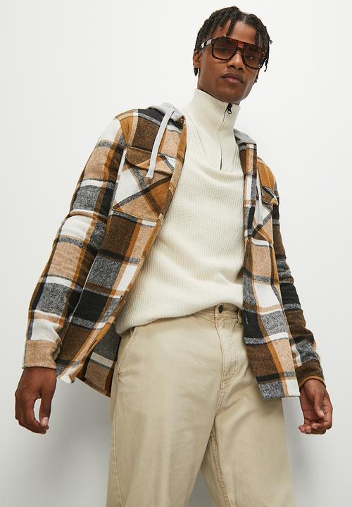 STYLE REPUBLIC - Check flannel shacket with hood - brown & ecru